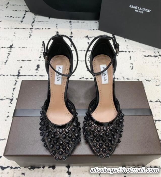 Promotional Alaia High Heel Pumps 9.5cm in Fishnet and Patent Leather with Pyramid Studs AL10080 Black 2024