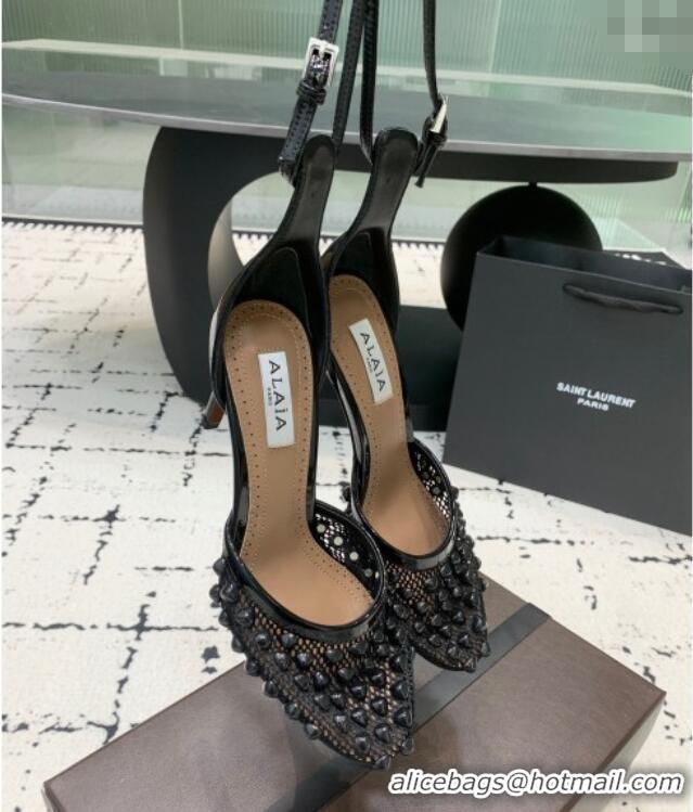 Promotional Alaia High Heel Pumps 9.5cm in Fishnet and Patent Leather with Pyramid Studs AL10080 Black 2024