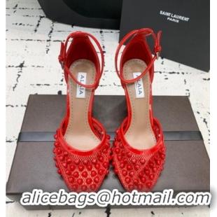 Famous Brand Alaia High Heel Pumps 9.5cm in Fishnet and Patent Leather with Pyramid Studs AL100802 Red 2024