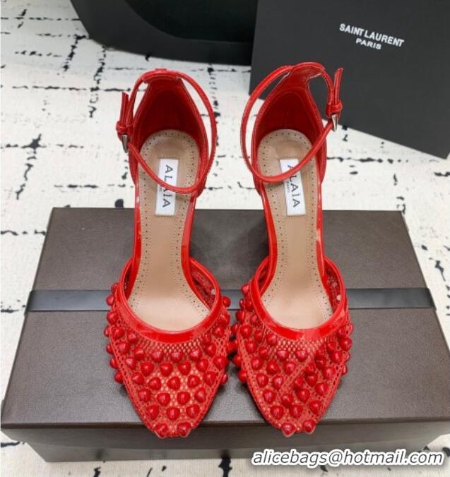 Famous Brand Alaia High Heel Pumps 9.5cm in Fishnet and Patent Leather with Pyramid Studs AL100802 Red 2024