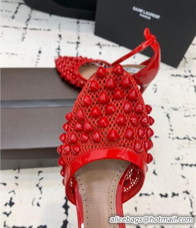 Famous Brand Alaia High Heel Pumps 9.5cm in Fishnet and Patent Leather with Pyramid Studs AL100802 Red 2024