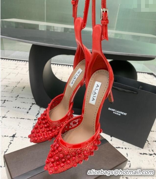 Famous Brand Alaia High Heel Pumps 9.5cm in Fishnet and Patent Leather with Pyramid Studs AL100802 Red 2024