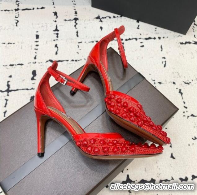 Famous Brand Alaia High Heel Pumps 9.5cm in Fishnet and Patent Leather with Pyramid Studs AL100802 Red 2024