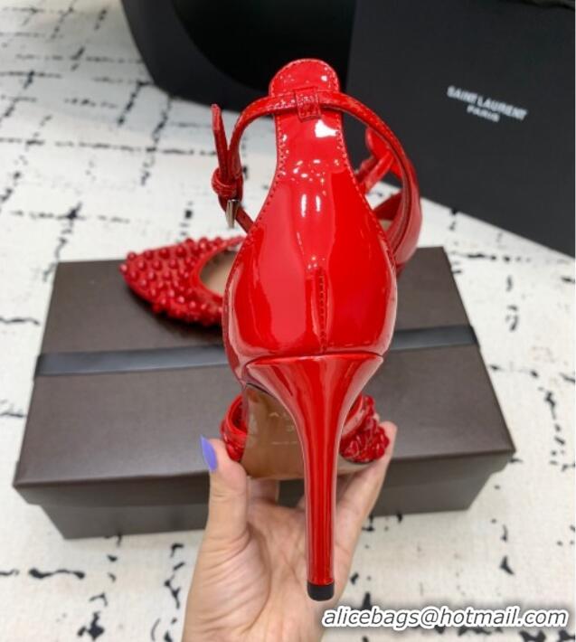 Famous Brand Alaia High Heel Pumps 9.5cm in Fishnet and Patent Leather with Pyramid Studs AL100802 Red 2024