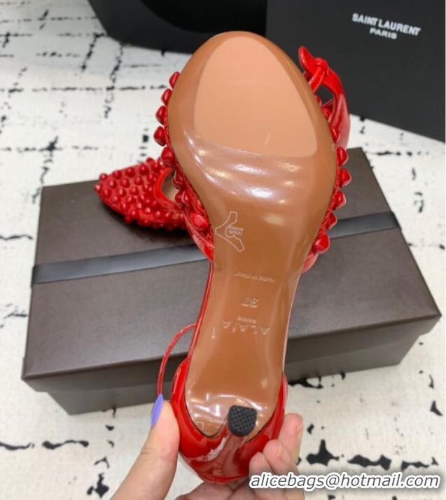 Famous Brand Alaia High Heel Pumps 9.5cm in Fishnet and Patent Leather with Pyramid Studs AL100802 Red 2024