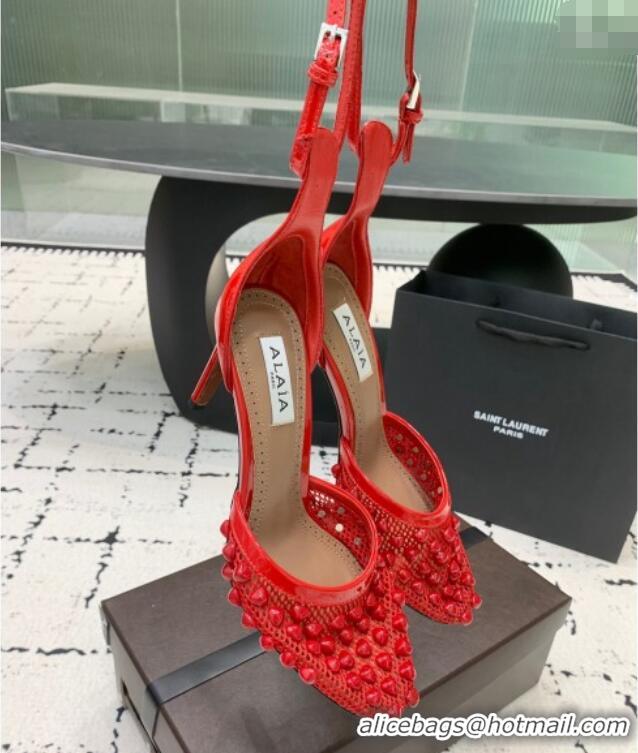 Famous Brand Alaia High Heel Pumps 9.5cm in Fishnet and Patent Leather with Pyramid Studs AL100802 Red 2024