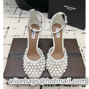 Most Popular Alaia High Heel Pumps 9.5cm in Fishnet and Patent Leather with Pyramid Studs AL100802 White 2024