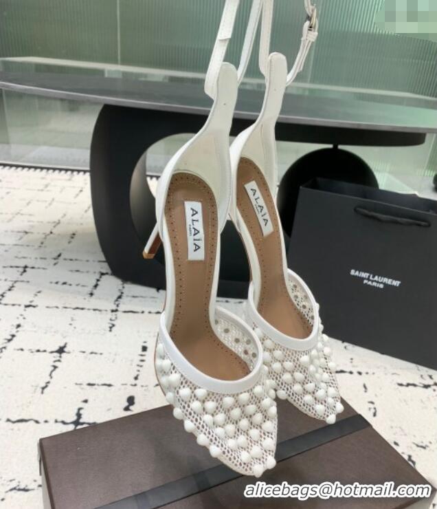Most Popular Alaia High Heel Pumps 9.5cm in Fishnet and Patent Leather with Pyramid Studs AL100802 White 2024