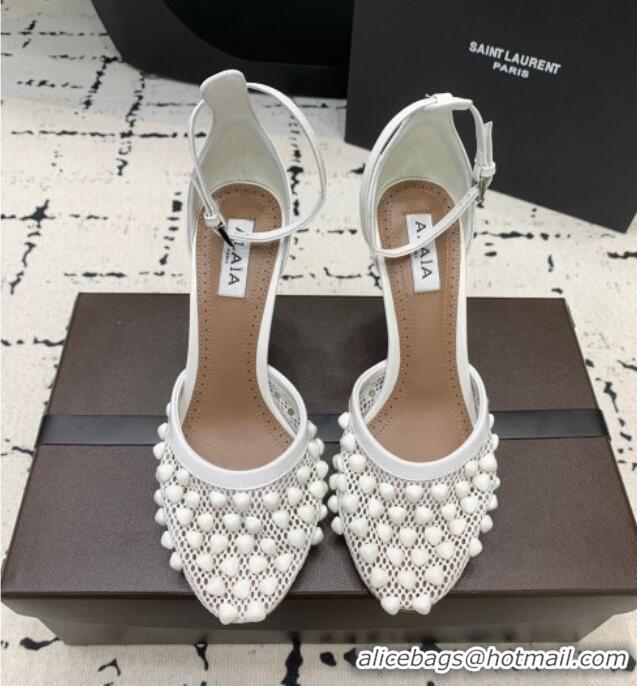 Most Popular Alaia High Heel Pumps 9.5cm in Fishnet and Patent Leather with Pyramid Studs AL100802 White 2024