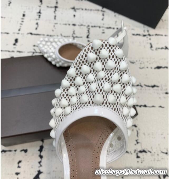 Most Popular Alaia High Heel Pumps 9.5cm in Fishnet and Patent Leather with Pyramid Studs AL100802 White 2024
