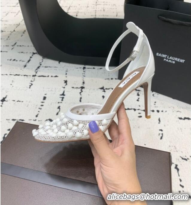 Most Popular Alaia High Heel Pumps 9.5cm in Fishnet and Patent Leather with Pyramid Studs AL100802 White 2024