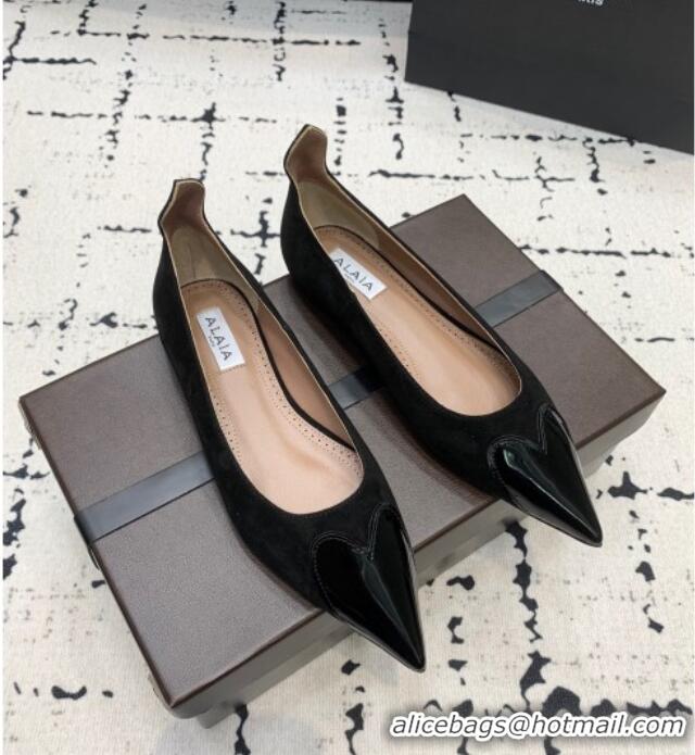 Buy Inexpensive Alaia Le Cœur Heart Ballet Flats in Suede and Patent Leather AL100803 Black 2024