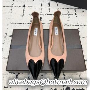 ​Buy Fashionable Alaia Le Cœur Heart Ballet Flats in Suede and Patent Leather AL100803 Nude Pink 2024
