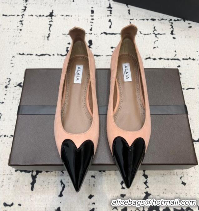 ​Buy Fashionable Alaia Le Cœur Heart Ballet Flats in Suede and Patent Leather AL100803 Nude Pink 2024