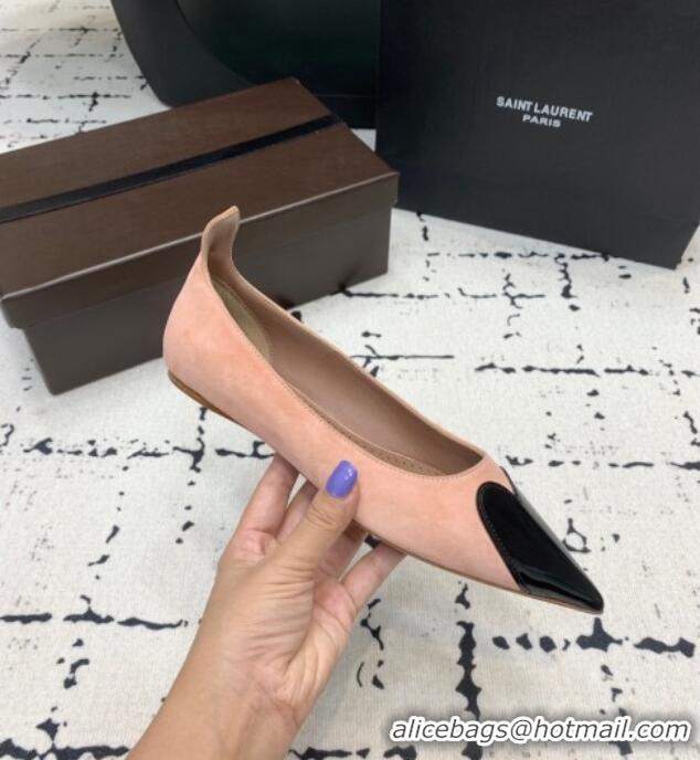 ​Buy Fashionable Alaia Le Cœur Heart Ballet Flats in Suede and Patent Leather AL100803 Nude Pink 2024