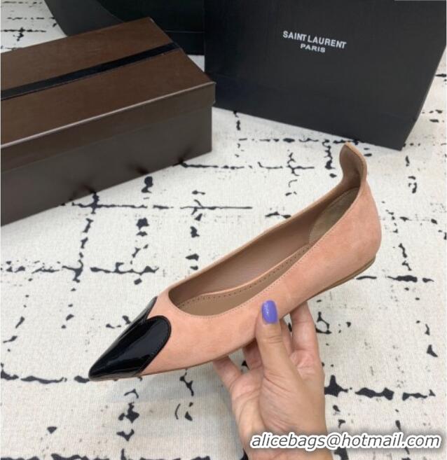 ​Buy Fashionable Alaia Le Cœur Heart Ballet Flats in Suede and Patent Leather AL100803 Nude Pink 2024