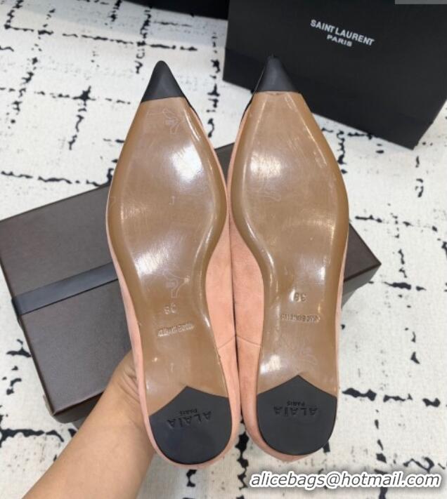 ​Buy Fashionable Alaia Le Cœur Heart Ballet Flats in Suede and Patent Leather AL100803 Nude Pink 2024