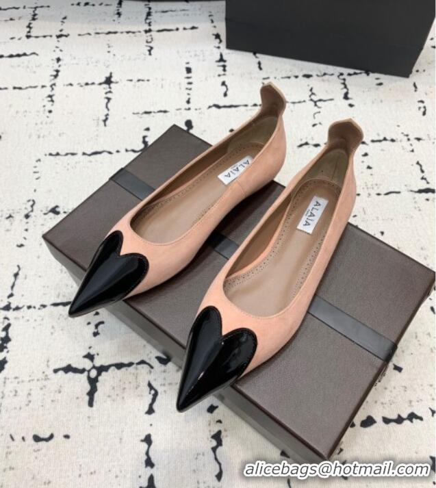 ​Buy Fashionable Alaia Le Cœur Heart Ballet Flats in Suede and Patent Leather AL100803 Nude Pink 2024