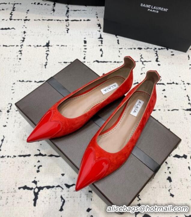 ​Top Design Alaia Le Cœur Heart Ballet Flats in Suede and Patent Leather AL100803 Red 2024