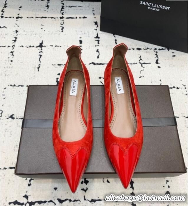 ​Top Design Alaia Le Cœur Heart Ballet Flats in Suede and Patent Leather AL100803 Red 2024