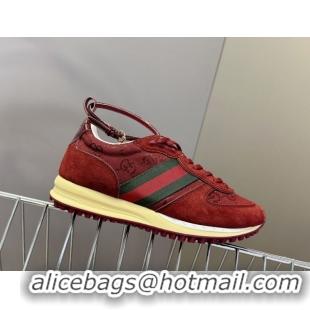 Shop Duplicate Gucci Women's Re-Motion Sneakers with Ankle Strap in GG Canvas and Suede Ancora Red 832918