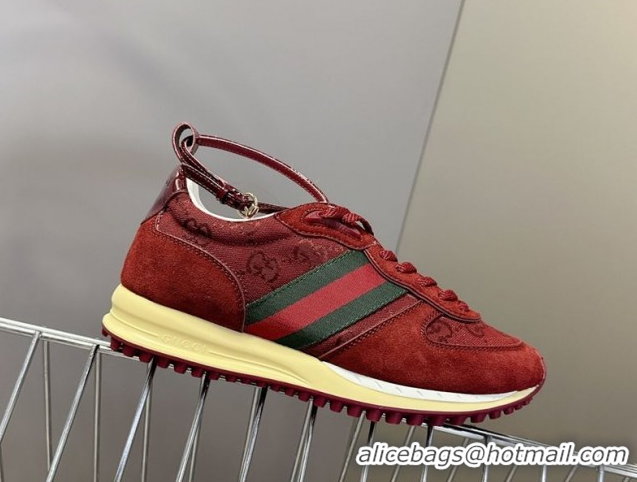 Shop Duplicate Gucci Women's Re-Motion Sneakers with Ankle Strap in GG Canvas and Suede Ancora Red 832918