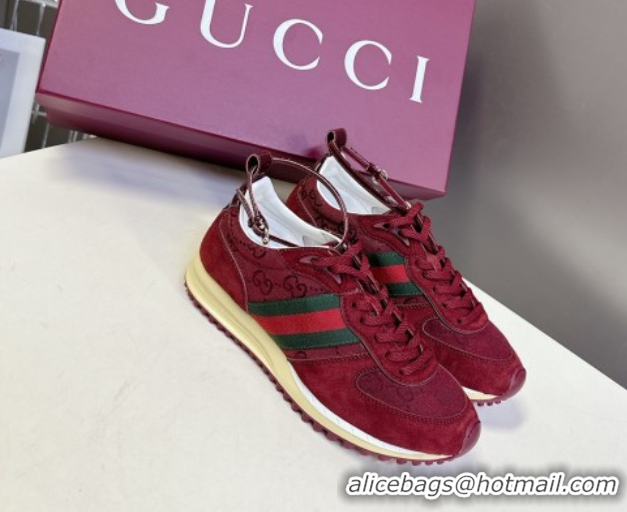 Shop Duplicate Gucci Women's Re-Motion Sneakers with Ankle Strap in GG Canvas and Suede Ancora Red 832918