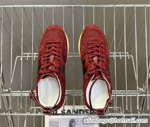 Shop Duplicate Gucci Women's Re-Motion Sneakers with Ankle Strap in GG Canvas and Suede Ancora Red 832918