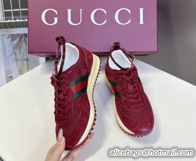 Shop Duplicate Gucci Women's Re-Motion Sneakers with Ankle Strap in GG Canvas and Suede Ancora Red 832918