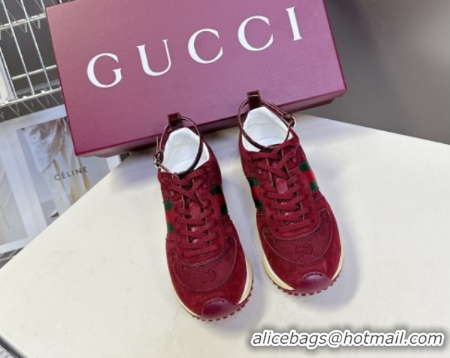 Shop Duplicate Gucci Women's Re-Motion Sneakers with Ankle Strap in GG Canvas and Suede Ancora Red 832918