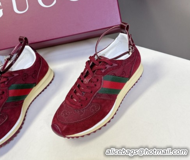 Shop Duplicate Gucci Women's Re-Motion Sneakers with Ankle Strap in GG Canvas and Suede Ancora Red 832918