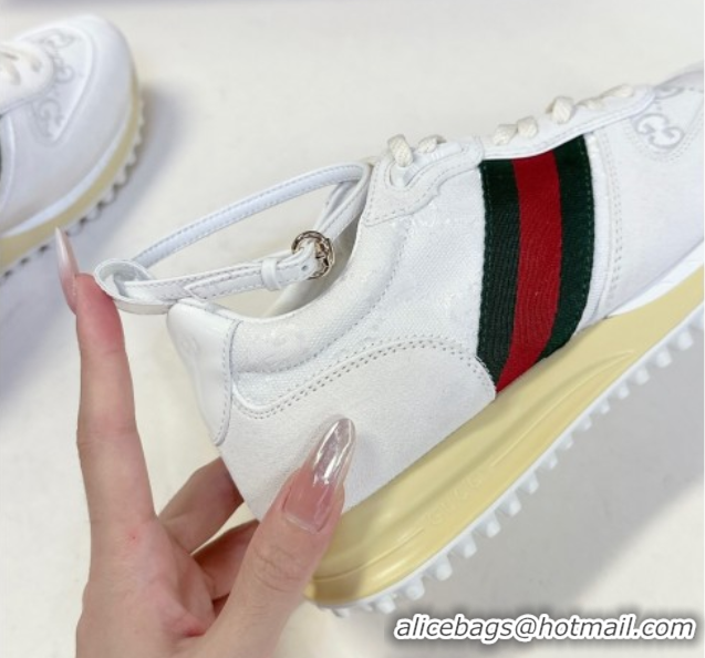 Good Quality Gucci Women's Re-Motion Sneakers with Ankle Strap in GG Canvas and Suede White 832918