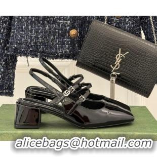 Grade Quality Gucci Patent Leather Slingback Pump 4.5cm With Strass GG Buckle Strap Black 0712012