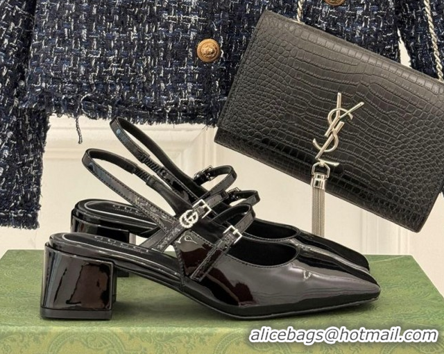 Grade Quality Gucci Patent Leather Slingback Pump 4.5cm With Strass GG Buckle Strap Black 0712012