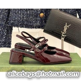 Best Grade Gucci Patent Leather Slingback Pump 4.5cm With Strass GG Buckle Strap Burgundy 0712013