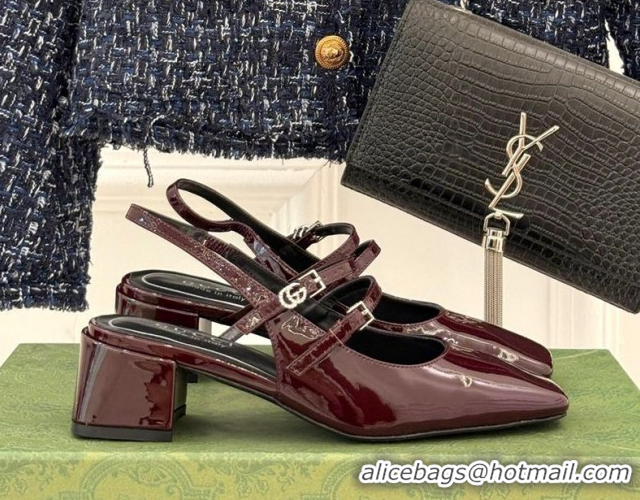 Best Grade Gucci Patent Leather Slingback Pump 4.5cm With Strass GG Buckle Strap Burgundy 0712013