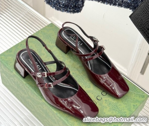 Best Grade Gucci Patent Leather Slingback Pump 4.5cm With Strass GG Buckle Strap Burgundy 0712013