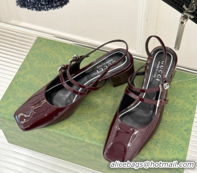 Best Grade Gucci Patent Leather Slingback Pump 4.5cm With Strass GG Buckle Strap Burgundy 0712013