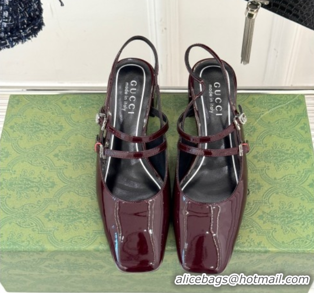 Best Grade Gucci Patent Leather Slingback Pump 4.5cm With Strass GG Buckle Strap Burgundy 0712013