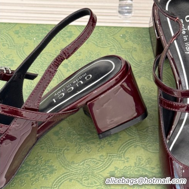 Best Grade Gucci Patent Leather Slingback Pump 4.5cm With Strass GG Buckle Strap Burgundy 0712013