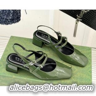 Low Price Gucci Patent Leather Slingback Pump 4.5cm With Strass GG Buckle Strap Green 0712014