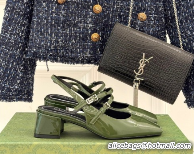 Low Price Gucci Patent Leather Slingback Pump 4.5cm With Strass GG Buckle Strap Green 0712014