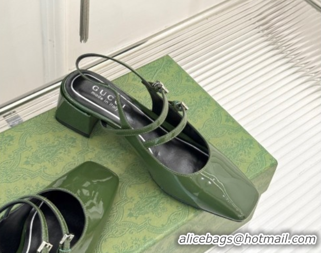 Low Price Gucci Patent Leather Slingback Pump 4.5cm With Strass GG Buckle Strap Green 0712014