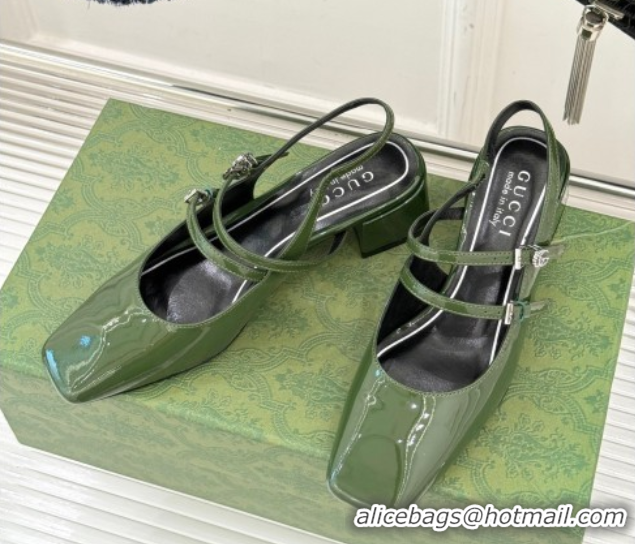Low Price Gucci Patent Leather Slingback Pump 4.5cm With Strass GG Buckle Strap Green 0712014