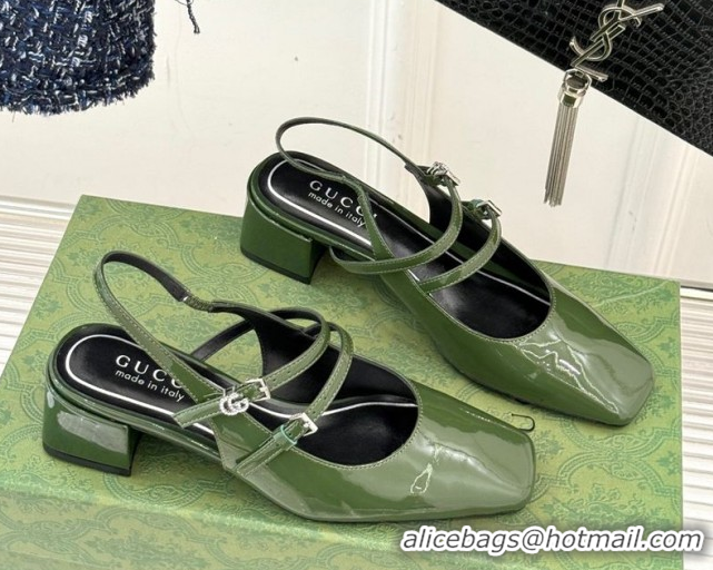 Low Price Gucci Patent Leather Slingback Pump 4.5cm With Strass GG Buckle Strap Green 0712014