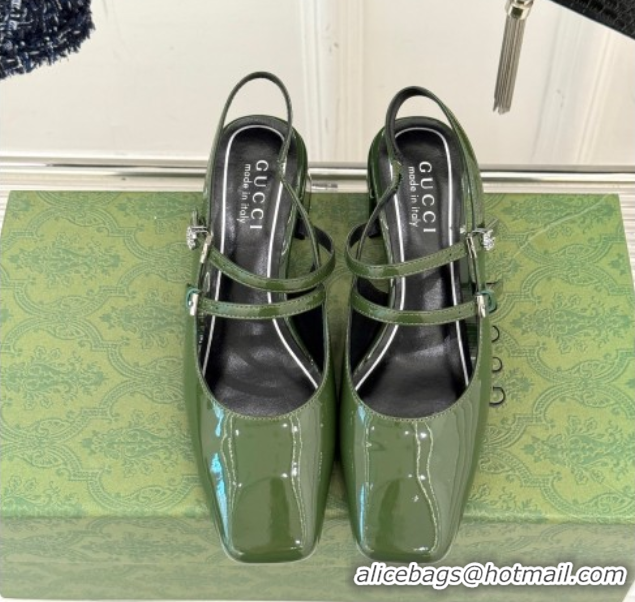 Low Price Gucci Patent Leather Slingback Pump 4.5cm With Strass GG Buckle Strap Green 0712014