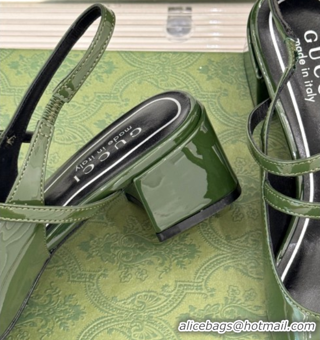 Low Price Gucci Patent Leather Slingback Pump 4.5cm With Strass GG Buckle Strap Green 0712014