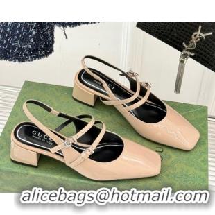 Top Grade Gucci Patent Leather Slingback Pump 4.5cm With Strass GG Buckle Strap Nude 0712015