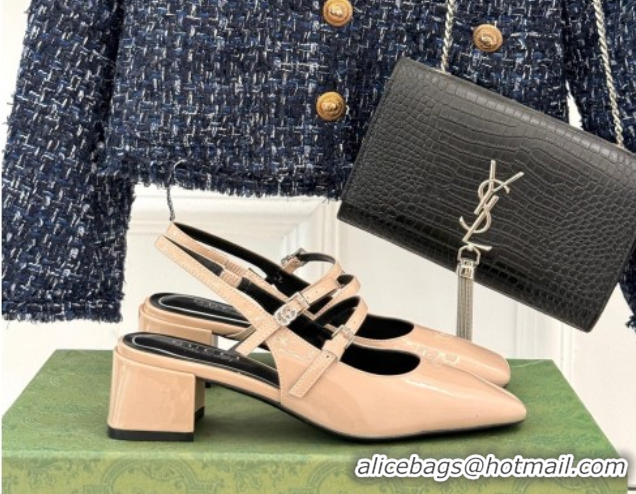 Top Grade Gucci Patent Leather Slingback Pump 4.5cm With Strass GG Buckle Strap Nude 0712015