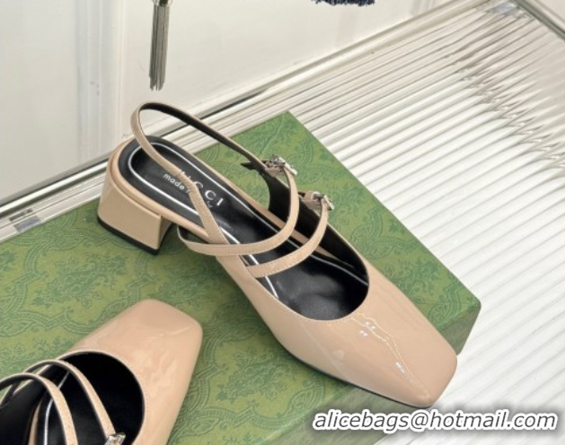 Top Grade Gucci Patent Leather Slingback Pump 4.5cm With Strass GG Buckle Strap Nude 0712015